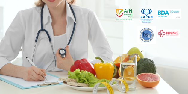 Doctor with a stethoscope sits at a table with vegetable, fruits and water whilst writing on a clipboard. There are 5 accreditation and endorsement logos on the the top right corner from BDA, BAPEN, BSG, NNNG and AfN.