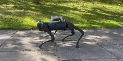 A small robot dog walking along the pavement