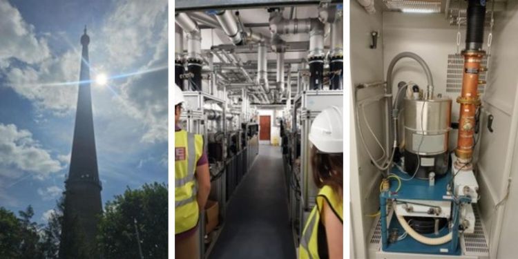 Three photos; left, Arquiva tower at Emley Moore, middle, a group of students looking at RF combiners, right, inductive output tube.