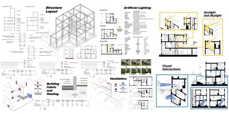 Architectural drawings and diagrams showcasing detailed plans for a building's design and layout.