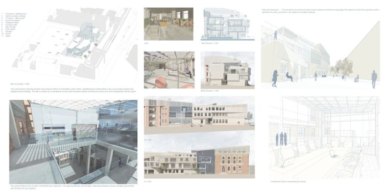 A collection of architectural drawings and sketches showcasing various design concepts and structural details.