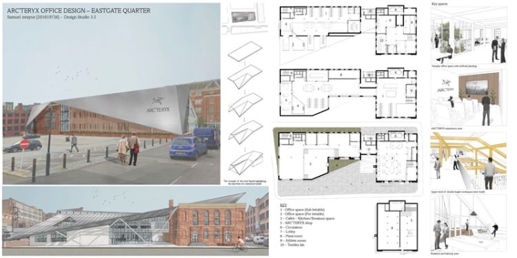 Architectural design blueprint for a modern building featuring innovative structures and sustainable elements.
