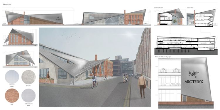A collection of architectural drawings and sketches depicting various designs of a building from different perspectives.