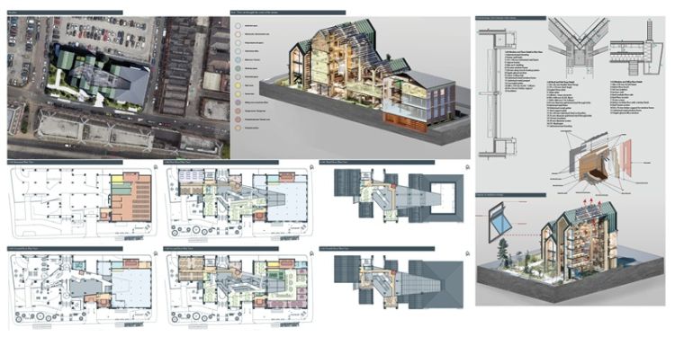 Architectural drawings and plans showcasing detailed designs for a building project.