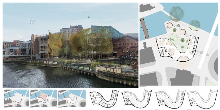Conceptual illustration of Birmingham's new library design, highlighting its contemporary architecture and unique layout.