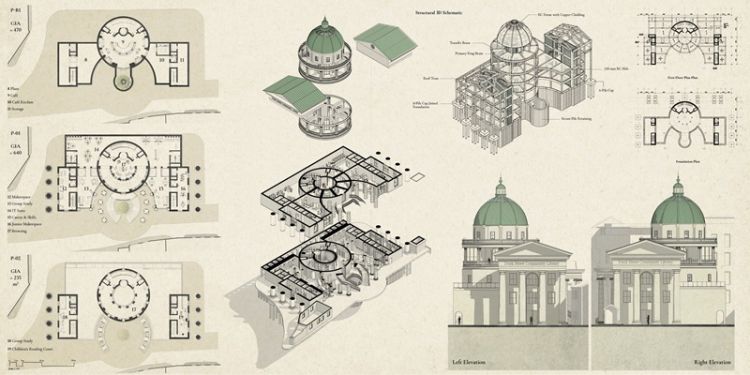 Detailed architectural sketches of a church and a cathedral, illustrating their unique designs and features.