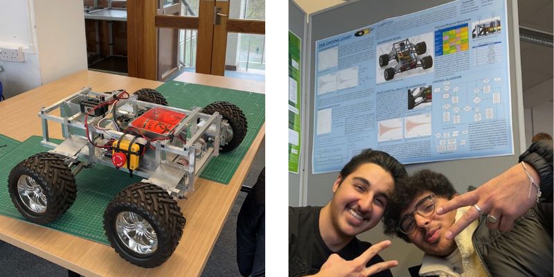 Two photographs. The left is a mechanical buggy, the right is Yusuf Mahmood and his friend in front of their poster design for the buggy.