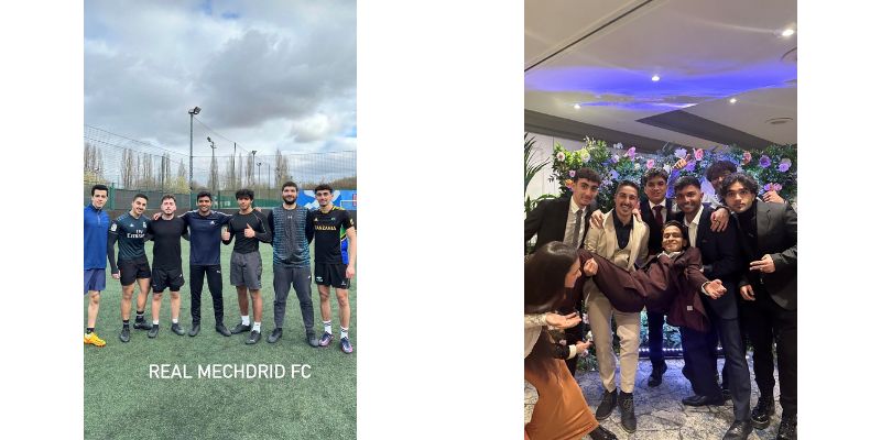 Two photographs. The left is a group shot of the Football society at the University of Leeds, and the right is a group shot of the Bahraini Society.