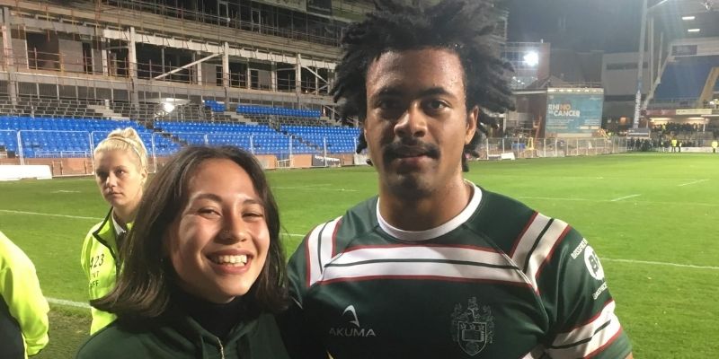 Benjamin Matheson and a fellow student at Leeds Gryphons rugby match.