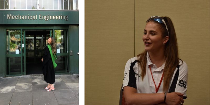 Two photographs of Freya Segar, left, she is stood in graduation robes outside the entrance to the School of Mechanical Engineering. Right, she is sat down, looking off to the left in her LURA team shirt.