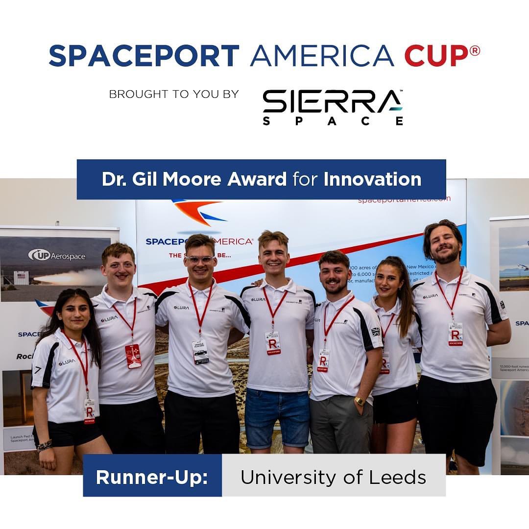 A photograph of a the Leeds University Rocketry Association team in uniform with the 2nd place medals at the Spaceport America Cup.
