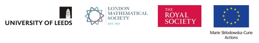 Logos from University of Leeds, London Mathematical Society, Royal Society, Marie Sklodowska-Curie Actions