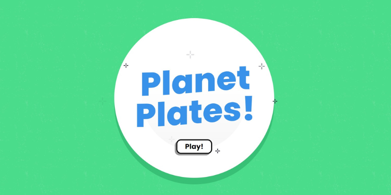 A screenshot of the Planet Plates game website - the Planet Plates logo with a 'Play' button
