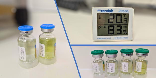 Several liquid-filled vials sit on a counter beside a digital thermometer. Two vials are on the left, while four green-capped vials are grouped on the lower right in an office setting.