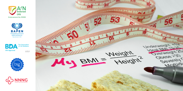 Measuring tape and BMI calculation alongside professional body logos endorsing the Leeds Course in Clinical Nutrition.