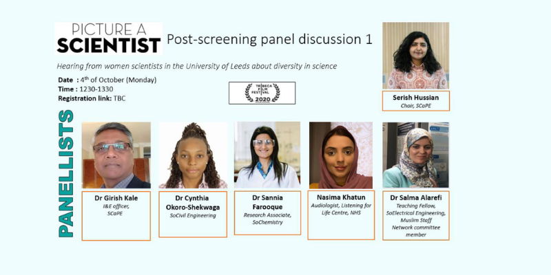 A graphic for a panel discussion showing portraits of speakers with names and a title of the event: Picture A Scientist: Discussion on Racism