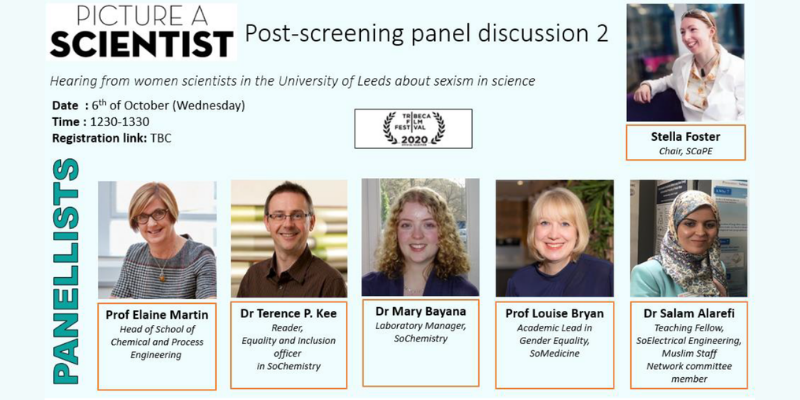 A graphic image for Picture A Scientist: Discussion on Sexual Discrimination. The image contains portraits of speaker as well as the title.