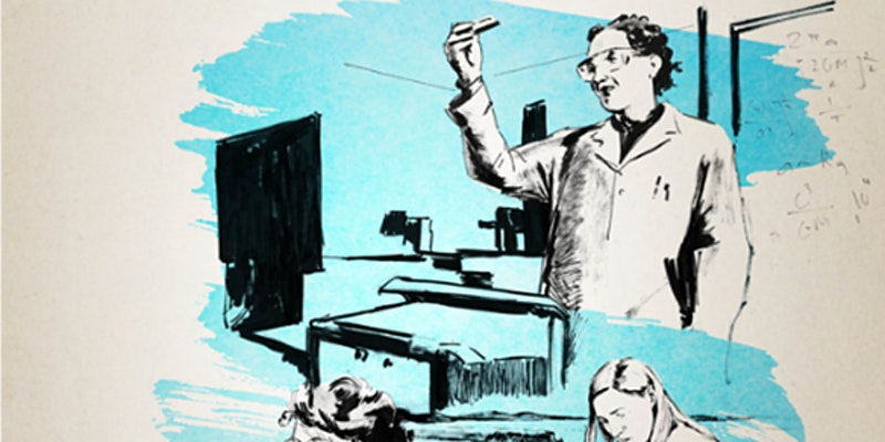 A crop of a film poster for Picture A Scientist. It is an illustration of a scientist holding up a test tube.