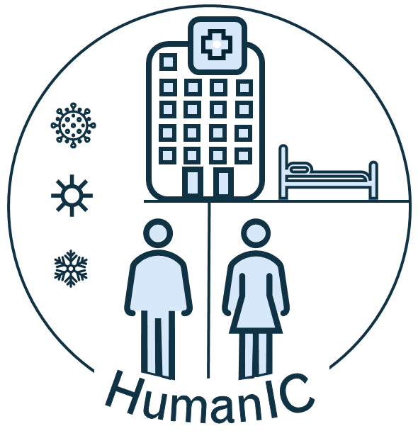 Graphic in blue of figures in a circle outside a hospital building with a bed