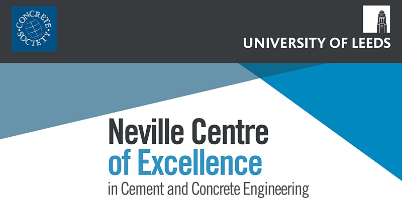 A graphically designed image for the Adam Neville PhD Prize 2021 & Neville Centre of Excellence Symposium. The design features a black, grey and blue triangle with text that says: Neville Centre of Excellence in Cement and Concrete Engineering.