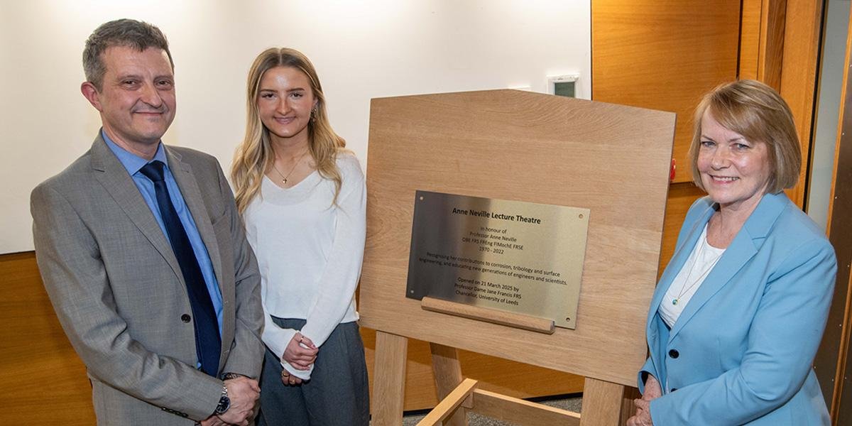 Mark McKelvie, Anne Neville's husband, Rachel, her daughter, and Professor Dame Jane Francis stood alongside a plaque dedicated to Anne Neville.