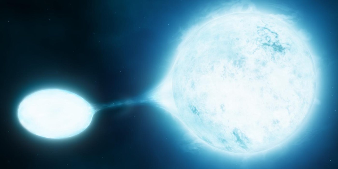 A visualisation of a vampiric "Be star" drawing a beam of energy from another star in space