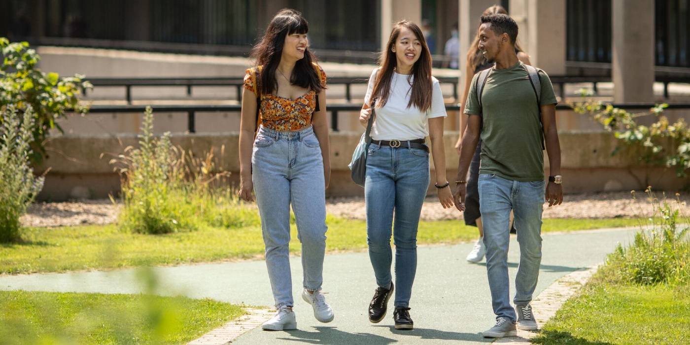 Three students walking through the Sustainable Garden at the University of Leeds. They are walking through the garden on a sunny day, the path is green and there is grass either side, and plants.