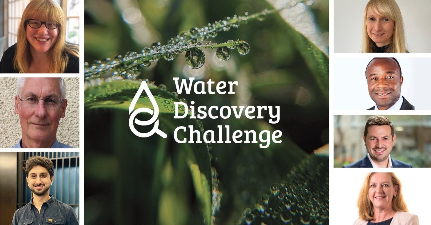 Seven judge headshots surrounding the Water Discovery Challenge logo