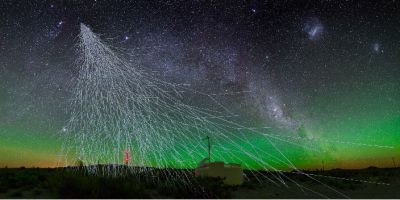 An artist’s rendering of a cosmic-ray air shower with a water-Cherenkov detector of the Pierre Auger Observatory in western Argentina. Credit: A. Chantelauze, S. Staffi, L. Bret