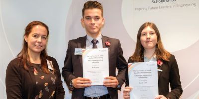 Dr Kerry Baker with University of Leeds Arkwright Scholarship winners Will Farrar and Lucie Gale