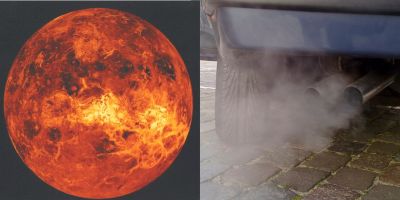 Image of the planet Venus from the NASA, left, and Automobile exhaust gas.
Pictures via Wikimedia Commons:
Venus: NASA
Exhaust: Ruben de Rijcke