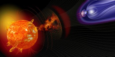 Computer generated image displaying a solar storm travelling from the sun to the earth