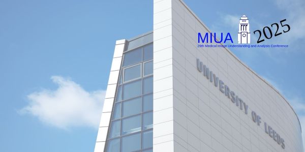 The MIUA 2025 logo overlaying a picture of the Ziff Building on the University of Leeds campus