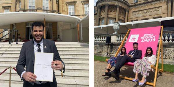 Nathan holding a certificate and wearing a suit on the left, and sitting in a giant deckchair with two friends on the right