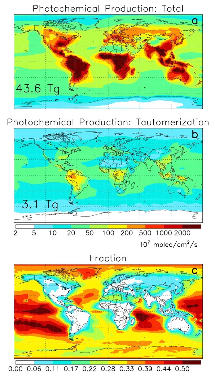 Maps depicting atmospheric concentrations of formic acid.
