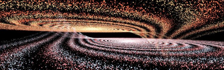 A visualisation of black holes told through fine, colourful grains on a black background.