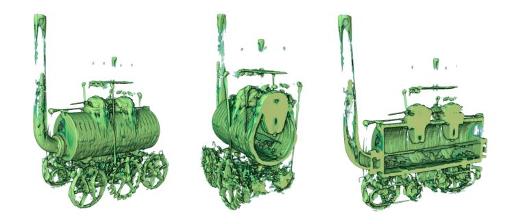 Three green CT scans of a model train 