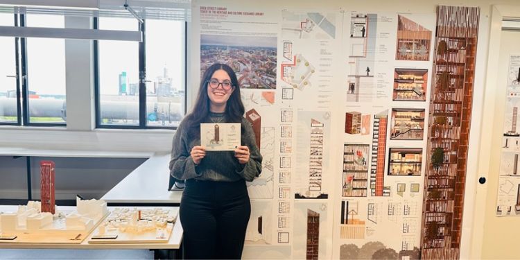 Girl holding card with architecture design