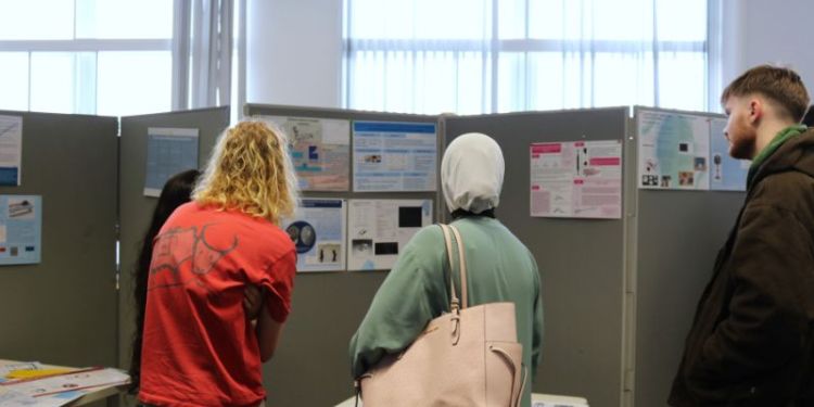 Three students looking at a poster on a display board, their backs are to the camera.