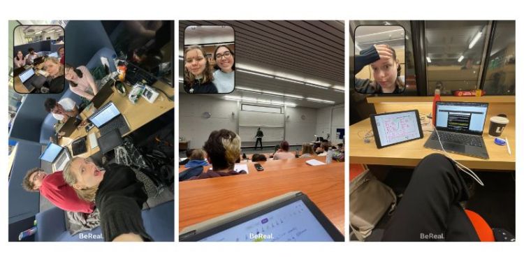 Three screenshots from Nelly Sadarova's BeReal social media account, all three are snapshots of her working at university, one as a group, one independently and one taken in a lecture.