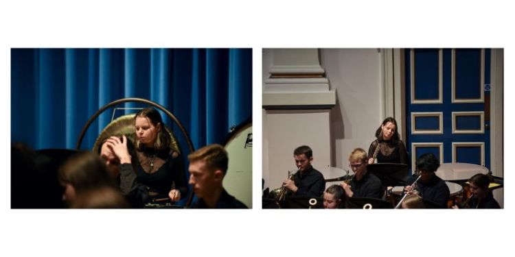 Two photos side by side, each show Nelly Sadarova participating in the music society performances playing percussion.
