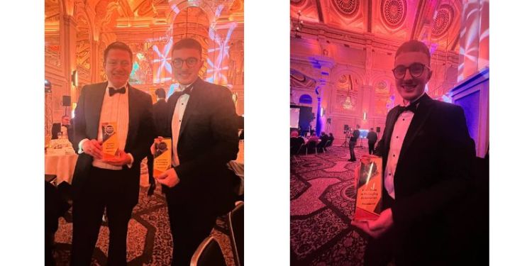 Two photographs of Nathan Donaldson with the company award at the Robotics and Automation Awards 2023 ceremony night.