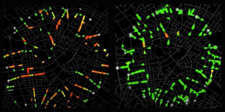 Two visualisations of maps showing congested and optimised movement within a map.