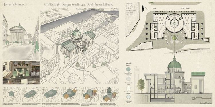 A drawing of a church alongside a detailed floor plan of the building, showcasing architectural features and layout.
