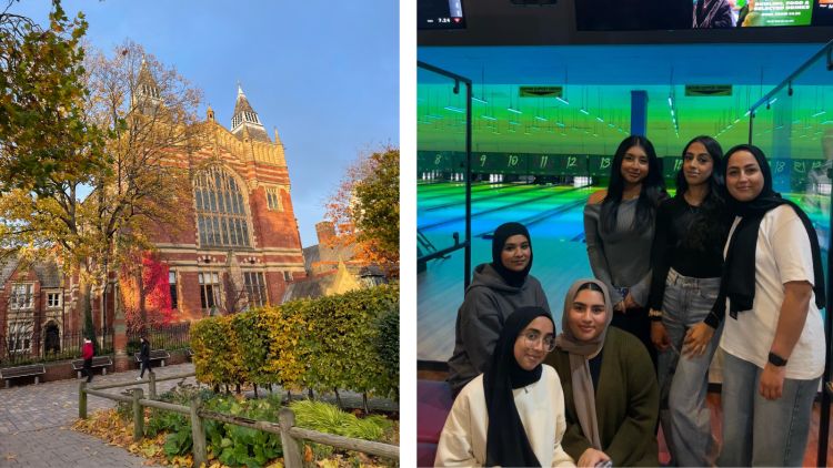On the left is the great hall on campus, on the right is Nurjhan at a bowling alley with a group of friends.