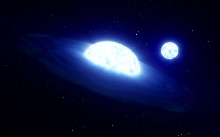 Artist’s impression composed of a star with a disc around it - a Be “vampire” star - and its companion star that has been stripped of its outer parts.