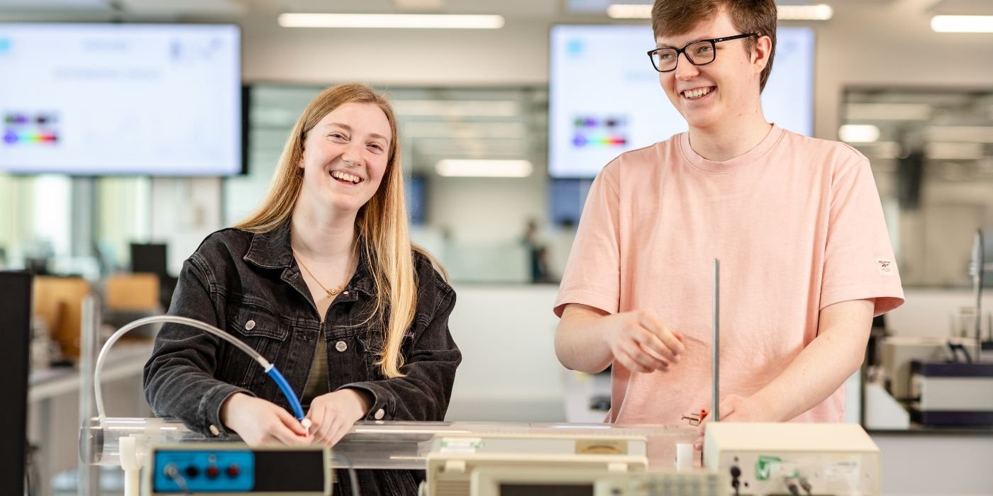 Two second year students in a lab at the University of Leeds.