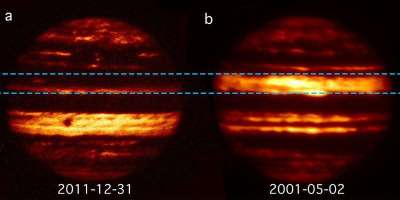 Images from a ground-based infra-red telescope, showing Jupiter at 5 micron wavelength radiation.