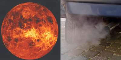 Image of the planet Venus from the NASA, left, and Automobile exhaust gas.
Pictures via Wikimedia Commons:
Venus: NASA
Exhaust: Ruben de Rijcke