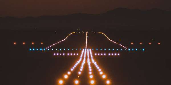 An aircraft runway at night